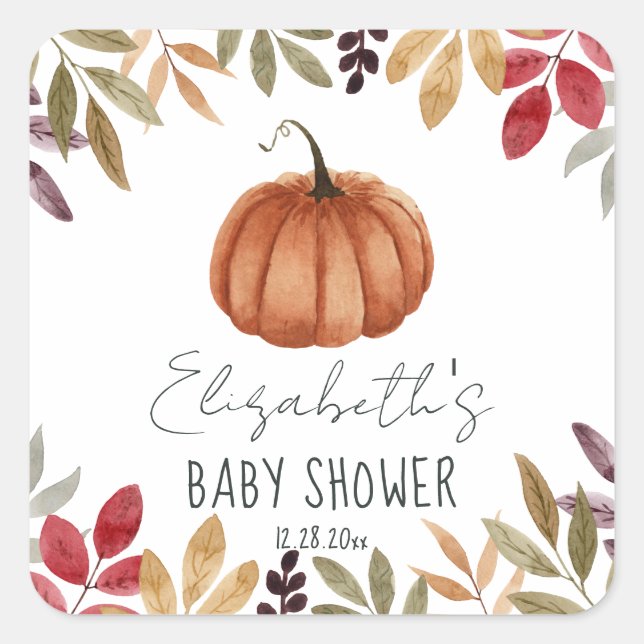 Wasserfarbe Pumpkin Fall Themed Baby Dusche Quadratischer Aufkleber (Vorderseite)