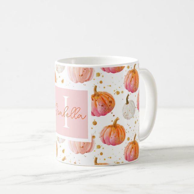 Wasserfarbe Pumpkin Muster mit Namen Kaffeetasse (VorderseiteRechts)