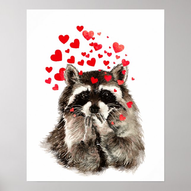 Wasserfarbe Raccoon Kisses Funny Liebe Herz Poster (Vorne)