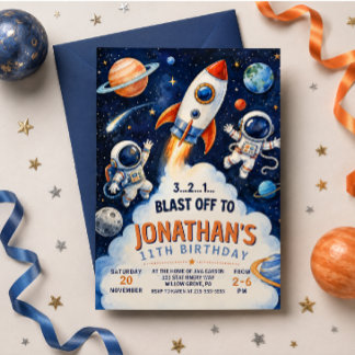 Wasserfarbe-Raketen-Astronaut-Raum-Geburtstag Einladung