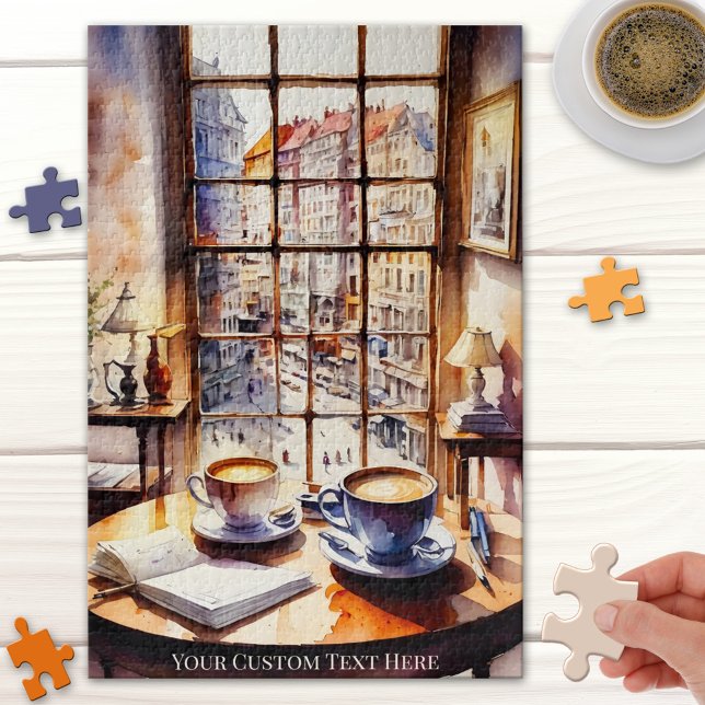 Wasserfarbe Retro-City-Kaffee Lover Puzzle (Retro puzzle featuring a watercolor painting of two coffees - with a view on sunny European city)