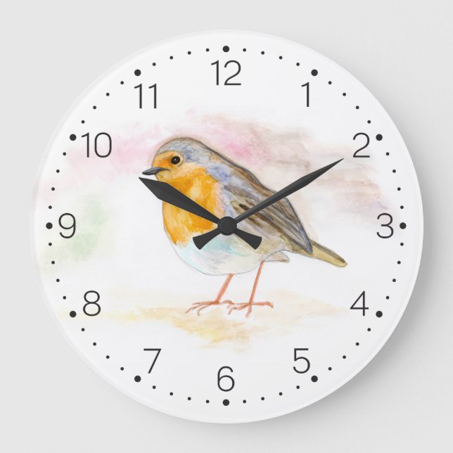 Wasserfarbe Robin - Wand-Uhr mit Zahlen Große Wanduhr (Vorderseite)