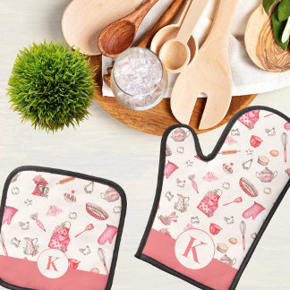 Wasserfarbe Rosa Backen Mit Monogramm Küche Ofenhandschuh & Topflappen-Set