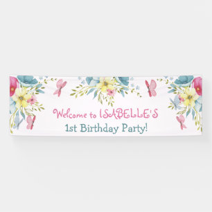 Wasserfarbe Rosa Blauer Florals Schmetterlinge Geb Banner