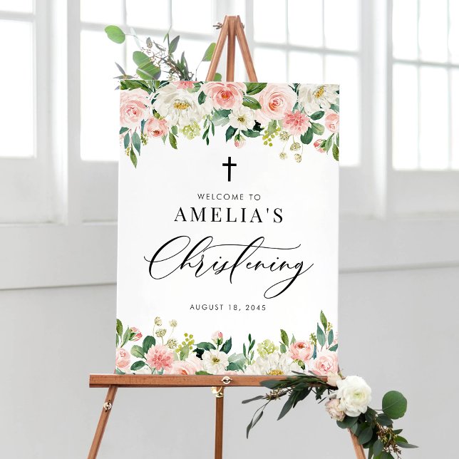 Wasserfarbe Rosa Blumengarten Christine Poster (Watercolor White and Blush Pink Floral Garland Christening Welcome Sign)