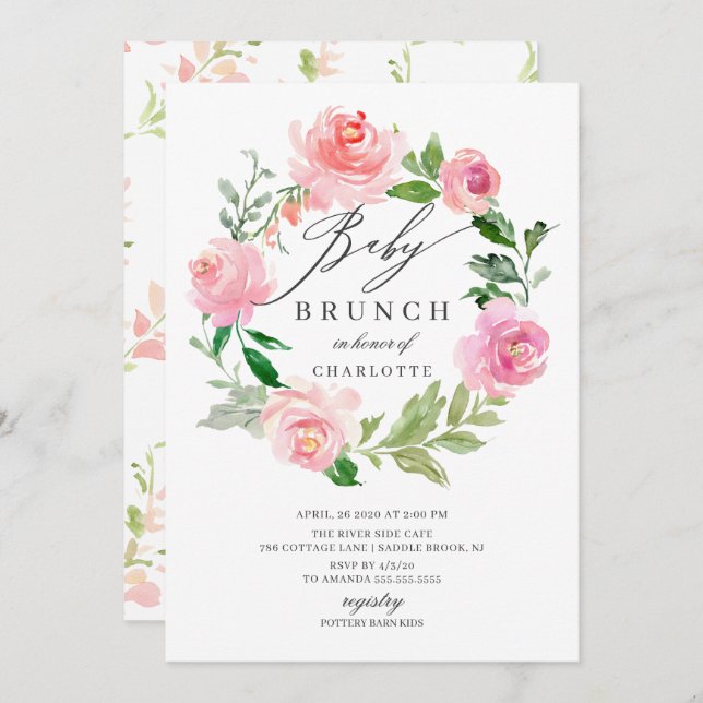 Wasserfarbe Rosa Blumengebirge Babydusche Brunch Einladung (Vorne/Hinten)