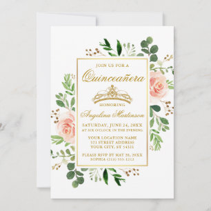 Wasserfarbe Rosa Blumengrün Quinceanera Gold Einladung