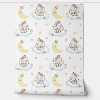 Wasserfarbe Rosa Blumenjungen Elephant Wolken Ster Tapete