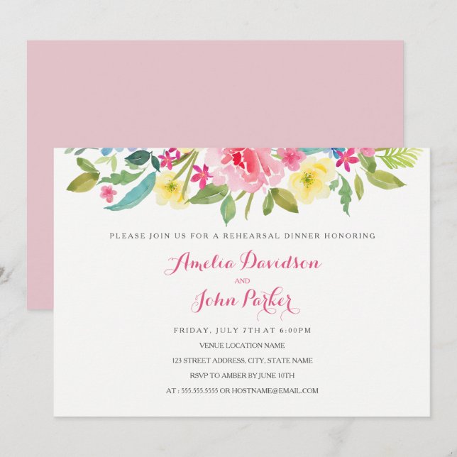 Wasserfarbe Rosa Blumenkohl Hochzeitsessen Probe Einladung (Vorne/Hinten)