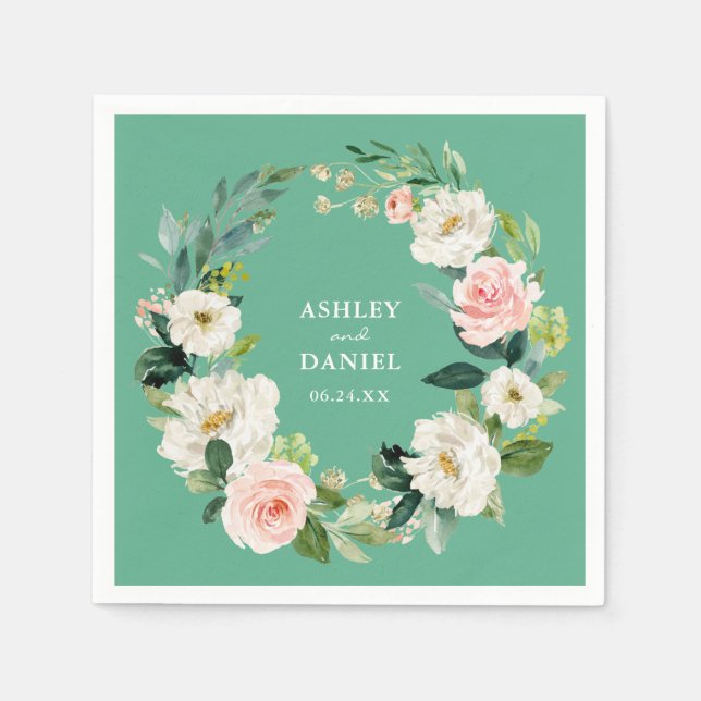 Wasserfarbe Rosa Blumenkranz Hochzeit Neo Mint Serviette (Vorderseite)