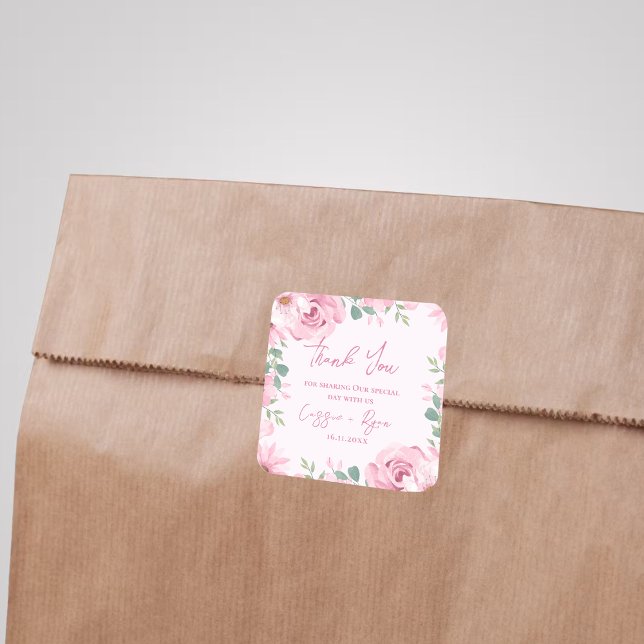 Wasserfarbe Rosa Blumenzwiese Danke Platz Quadratischer Aufkleber (Watercolor Pink Floral Wedding Thank You Square Square Sticker)