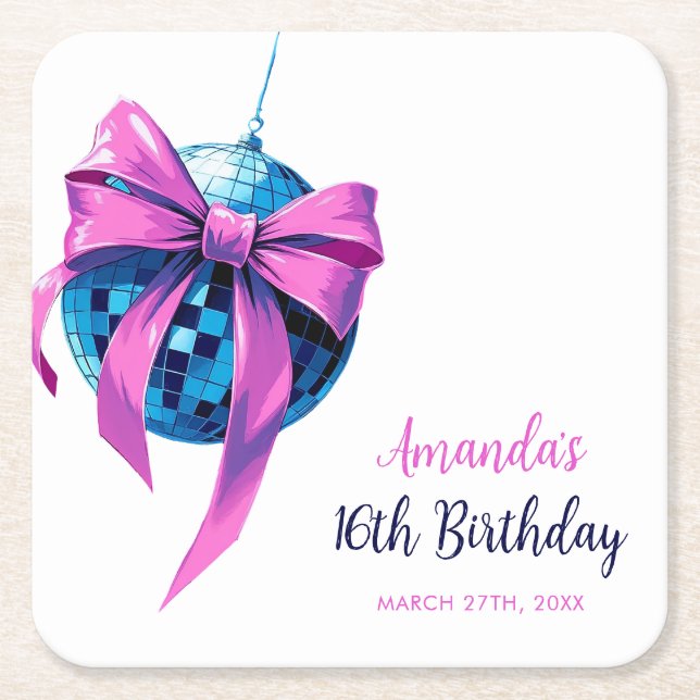 Wasserfarbe Rosa Bow Disco Ball Sweet 16 Birthday Rechteckiger Pappuntersetzer (Vorderseite)