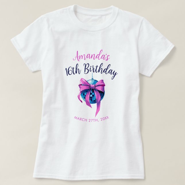 Wasserfarbe Rosa Bow Disco Ball Sweet 16 Birthday T-Shirt (Design vorne)