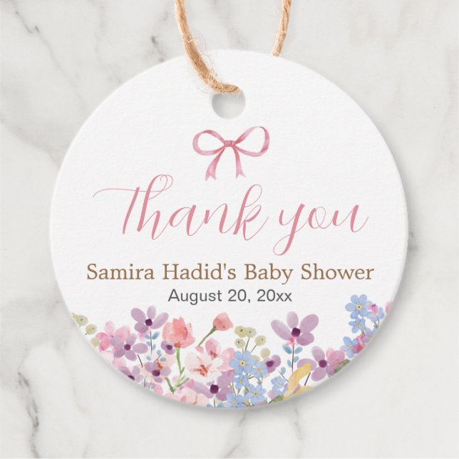 Wasserfarbe Rosa Bow Floral Girl Babydusche Geschenkanhänger (Vorderseite)