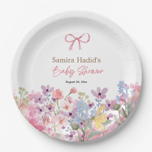 Wasserfarbe Rosa Bow Floral Girl Babydusche Pappteller (Vorderseite)