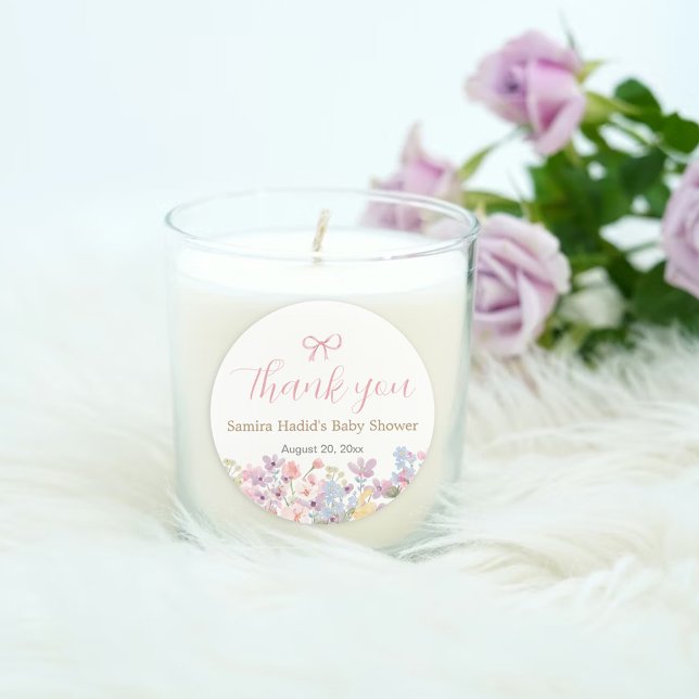 Wasserfarbe Rosa Bow Floral Girl Babydusche Runder Aufkleber (Von Creator hochgeladen)