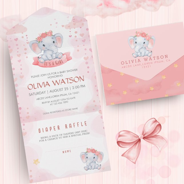 Wasserfarbe Rosa Elephant Girl Baby Dusche All In One Einladung (Von Creator hochgeladen)