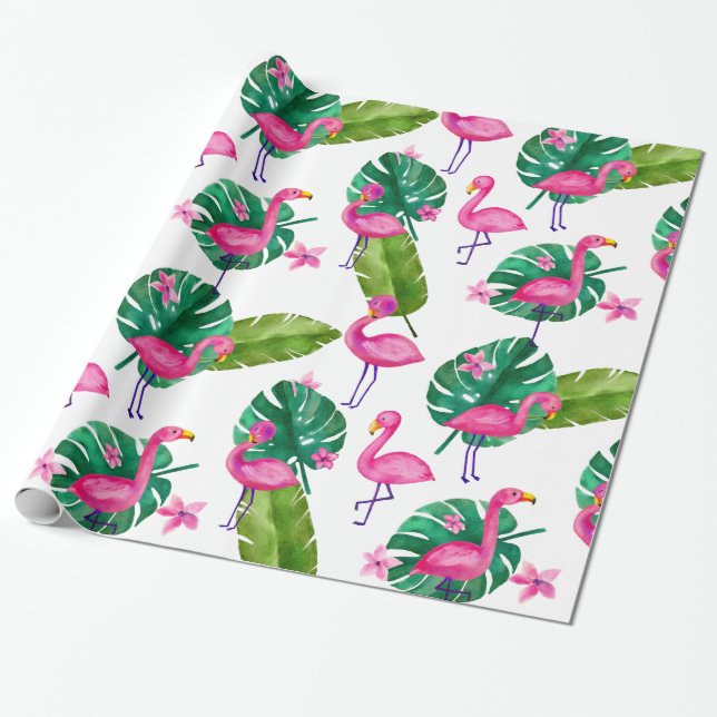 Wasserfarbe Rosa Flamingo tropische Blätter Muster Geschenkpapier (Ungerollt)