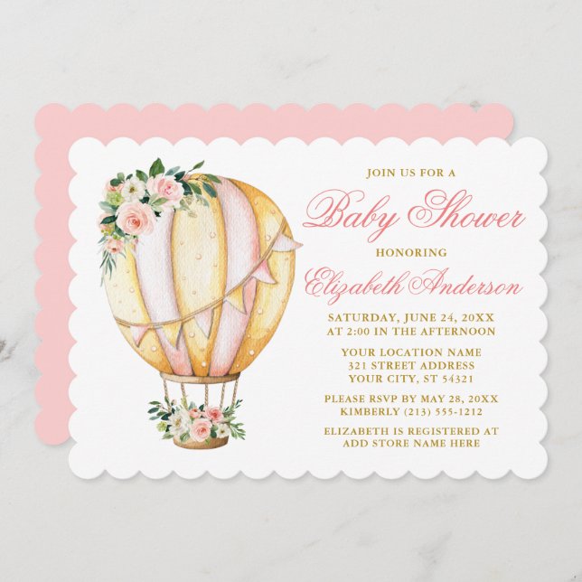 Wasserfarbe Rosa Floral Baby Dusche Luftballon Einladung (Vorne/Hinten)