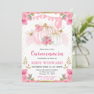 Wasserfarbe Rosa Floral Fall Pumpkin Quinceanera Einladung