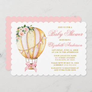 Wasserfarbe Rosa Floral Luftballon Bow Baby Dusche Einladung