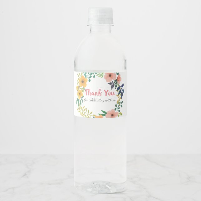 Wasserfarbe Rosa Florals | Babydusche Vielen Dank Wasserflaschenetikett (Vorderseite)