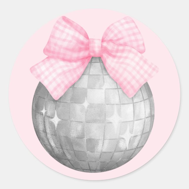 Wasserfarbe Rosa Gingham Bow Silver Diskothek Ball Runder Aufkleber (Vorderseite)
