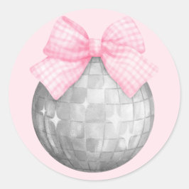 Wasserfarbe Rosa Gingham Bow Silver Diskothek Ball Runder Aufkleber
