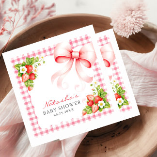 Wasserfarbe Rosa Gingham-Schleife Erdbeere-Baby-Pa Serviette