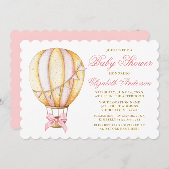 Wasserfarbe Rosa Heißluftballon Bow Babydusche Einladung (Vorne/Hinten)