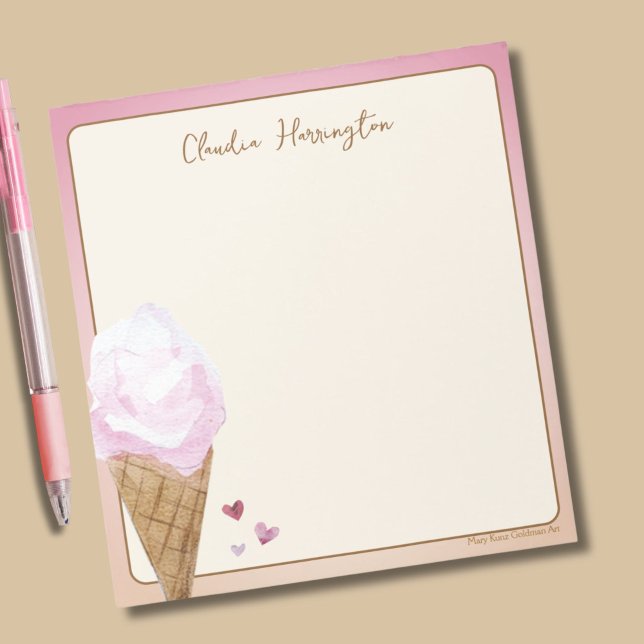 Wasserfarbe Rosa Ice Personalisiertes Geschirr Notizblock (This ice cream notepad features a scoop of soft pink ice cream in a waffle cone, along with hearts.)