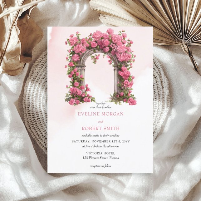 Wasserfarbe Rosa Magenta Rose Hochzeitsmarsch Einladung (Watercolor hot pink magenta roses wedding arch invitation)