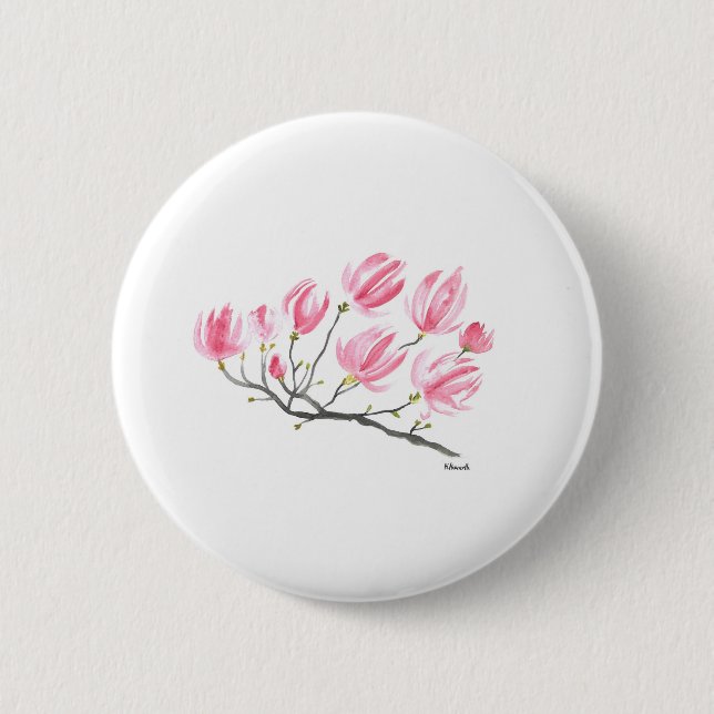 Wasserfarbe Rosa Magnolia Natur Botanisches Flora Button (Vorderseite)