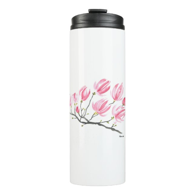 Wasserfarbe Rosa Magnolia Natur Botanisches Flora Thermosbecher (Vorderseite)