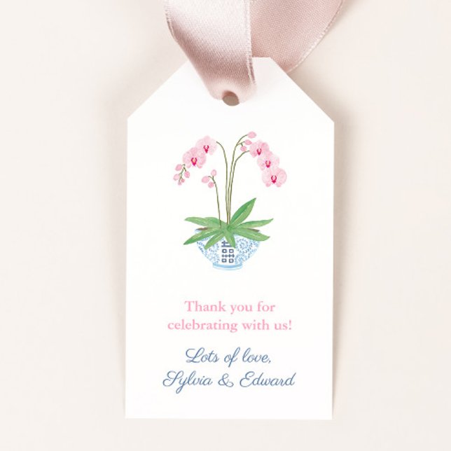 Wasserfarbe Rosa Orchid Blau Weiße Schüssel Babydu Geschenkanhänger (Elegant pink watercolor orchids in a blue and white ginger jar planter baby shower favor tags)