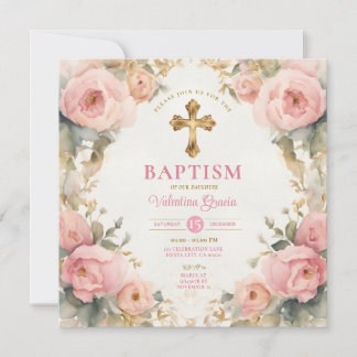 Wasserfarbe Rosa Peach Girl Taufe Kreuz Blumen Einladung
