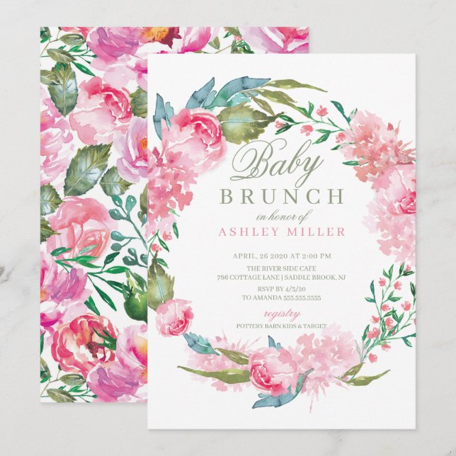 Wasserfarbe Rosa Peonies Baby Brunch Einladung (Vorne/Hinten)