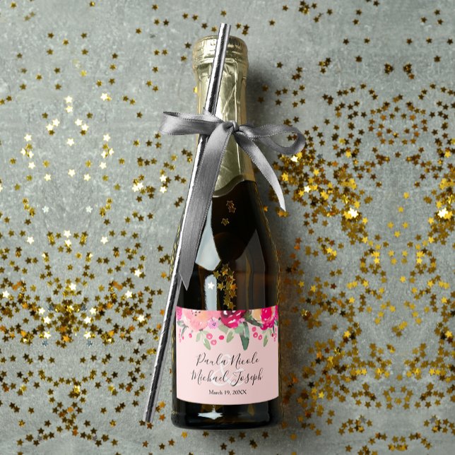 Wasserfarbe Rosa Personalisierte Hochzeit Mini (Elegant watercolor pink flowers mini sparkling wine pink labels personalized for your wedding)