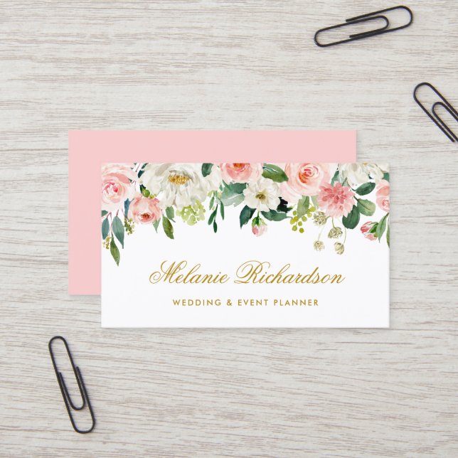 Wasserfarbe Rosa Rosa Weiße Blüte Gold Elegante Visitenkarte (Vorderseite/Rückseite Beispiel)