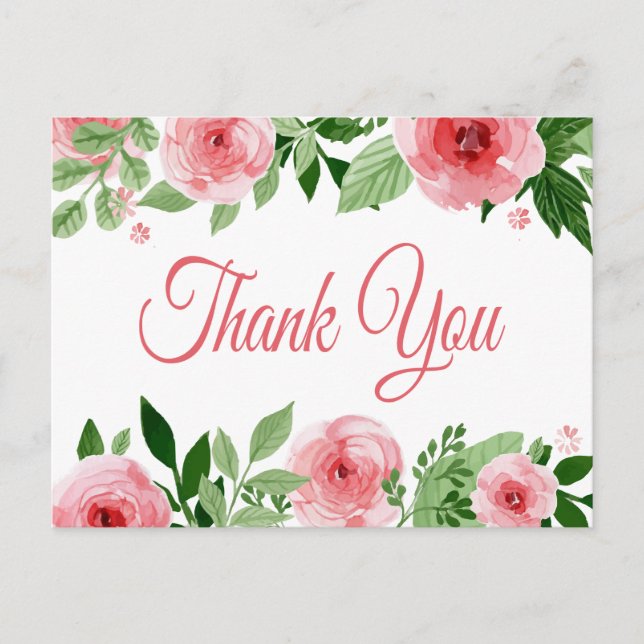 Wasserfarbe Rosa Rose Floral Vielen Dank Postkarte (Vorderseite)