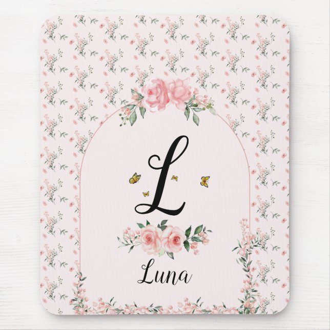 Wasserfarbe Rosa Rosen mit Schmetterlingen Mousepad (Vorne)