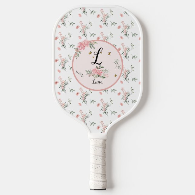 Wasserfarbe Rosa Rosen mit Schmetterlingen Pickleball Schläger (Vorderseite)