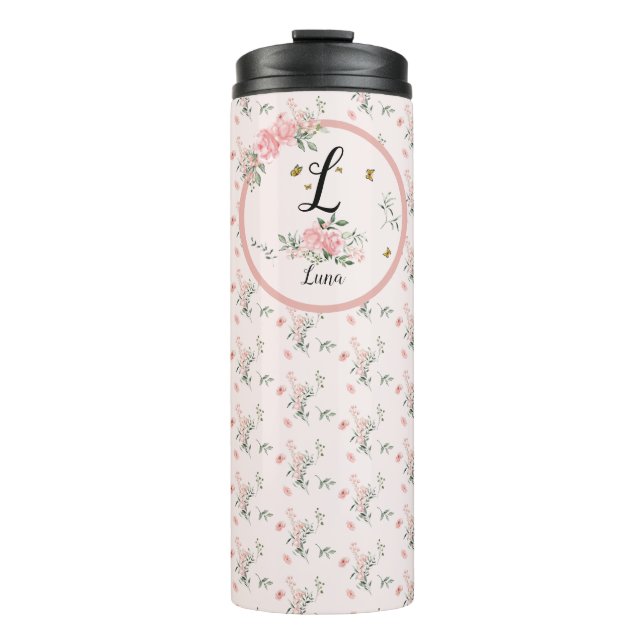 Wasserfarbe Rosa Rosen mit Schmetterlingen Thermosbecher (Vorderseite)