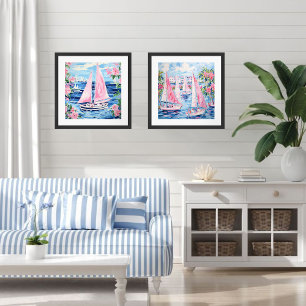 Wasserfarbe Rosa Segelboote Tropische Küste Platz Poster