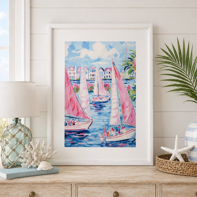 Wasserfarbe Rosa Segelboote Tropische Küste Poster (Von Creator hochgeladen)