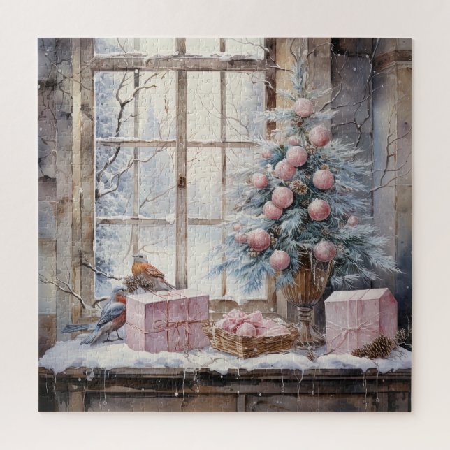 Wasserfarbe Rosa Shabby Chic Weihnachtspuzzle Puzzle (Vertikal)