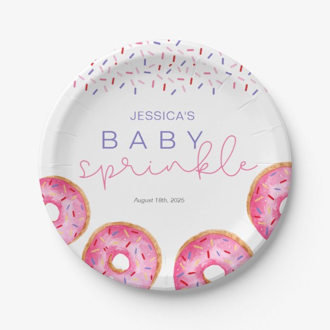 Wasserfarbe Rosa Sprinkle Donuts Baby Sprinkle Pappteller (Vorderseite)