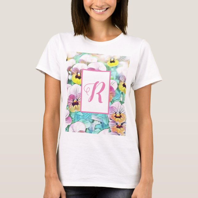 Wasserfarbe rosa Stiefmütterchen, anpassbar, monog T-Shirt (Vorderseite)