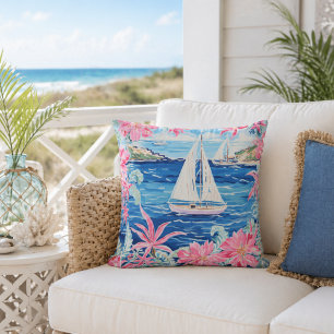 Wasserfarbe Rosa tropische Segelbootküste Außenber Kissen