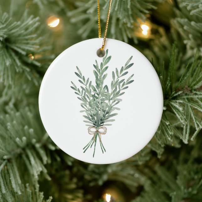 Wasserfarbe Rosemary Bouquet mit Jute Bow Keramik Ornament (Baum)